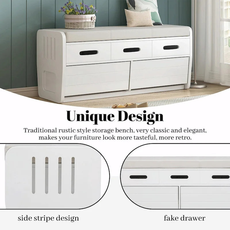 Rustic Wooden Shoe Storage Bench with 2 Drawers and Cushion