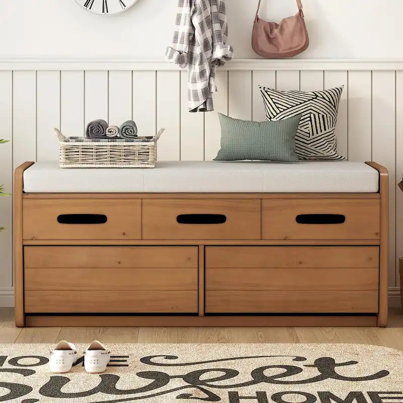 Rustic Wooden Shoe Storage Bench with 2 Drawers and Cushion