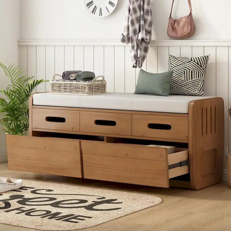 Rustic Wooden Shoe Storage Bench with 2 Drawers and Cushion
