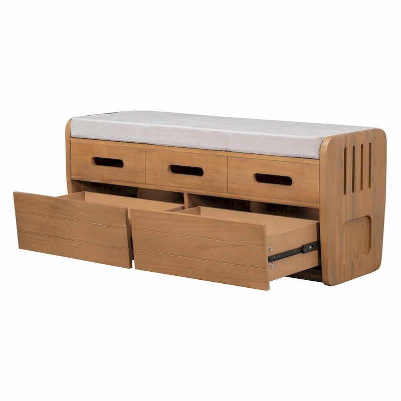 Rustic Wooden Shoe Storage Bench with 2 Drawers and Cushion