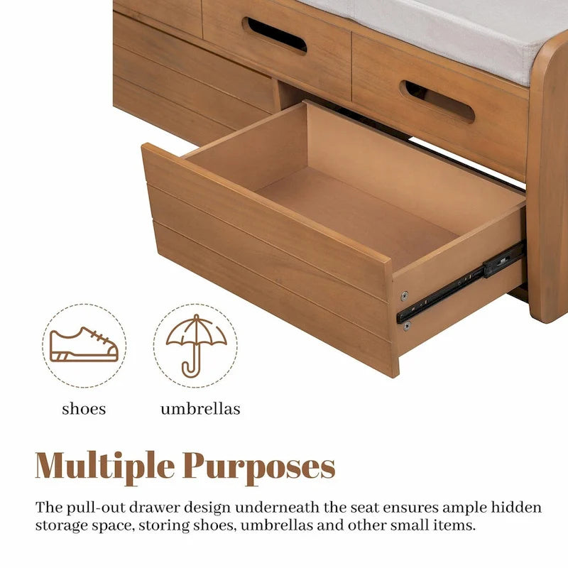 Rustic Wooden Shoe Storage Bench with 2 Drawers and Cushion