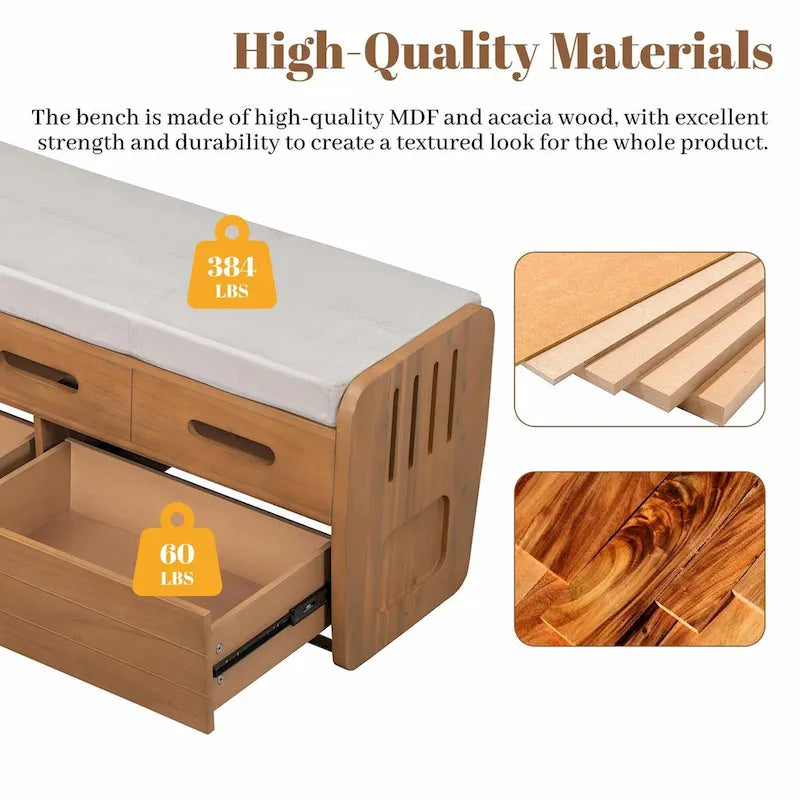 Rustic Wooden Shoe Storage Bench with 2 Drawers and Cushion