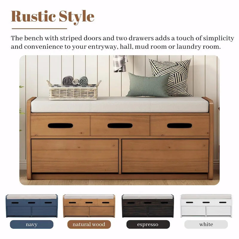 Rustic Wooden Shoe Storage Bench with 2 Drawers and Cushion