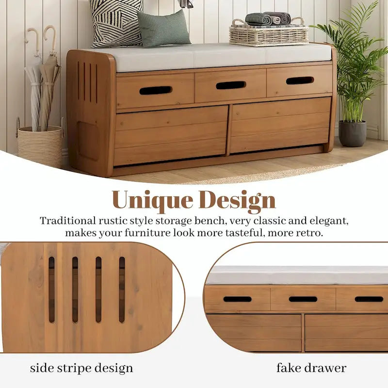 Rustic Wooden Shoe Storage Bench with 2 Drawers and Cushion