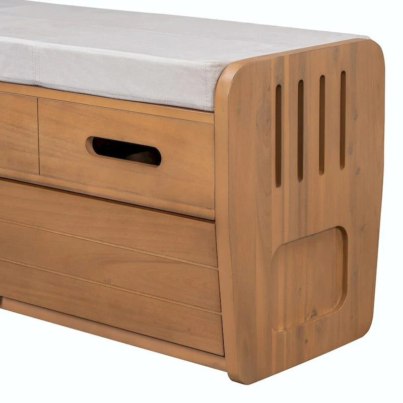 Rustic Wooden Shoe Storage Bench with 2 Drawers and Cushion