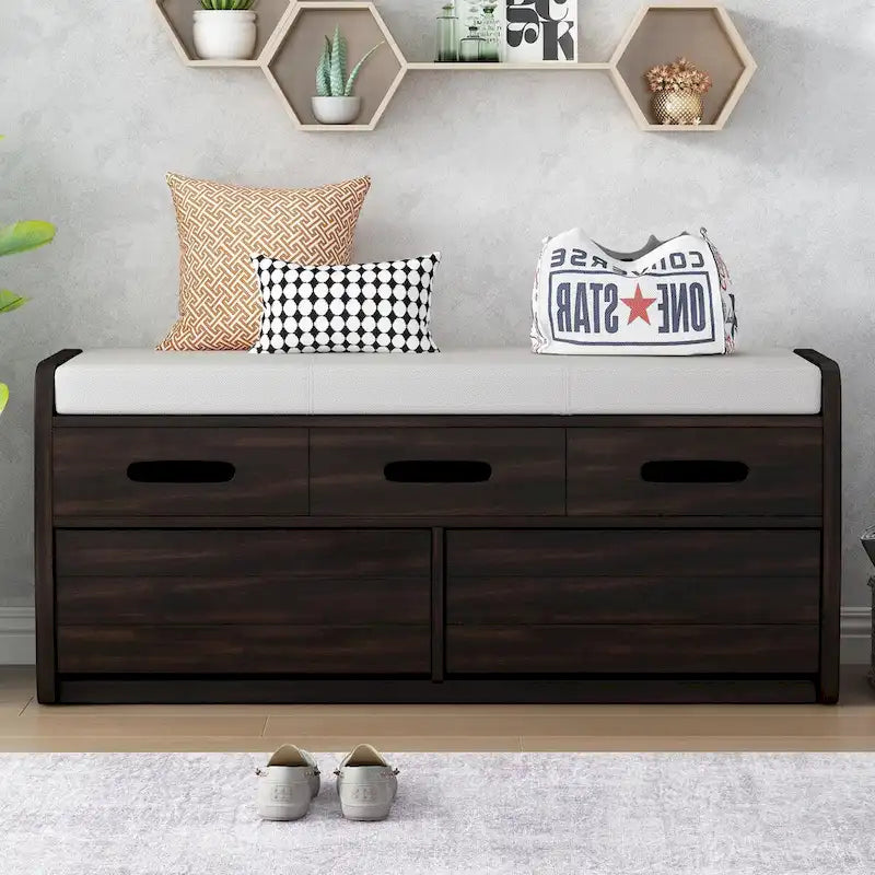 Rustic Wooden Shoe Storage Bench with 2 Drawers and Cushion