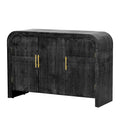 Credenza in impiallacciatura di legno curvato con maniglie dorate e ripiani regolabili
