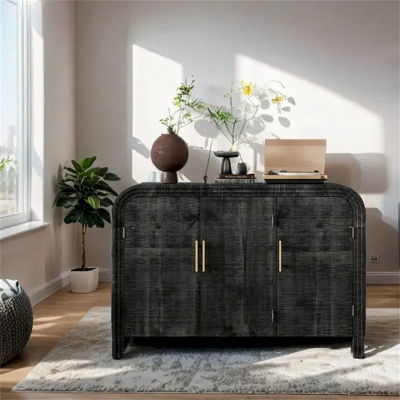 Retro Minimalist Curved Sideboard w/Gold Handles & Adjustable Dividers