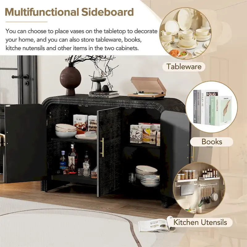 Credenza in impiallacciatura di legno curvato con maniglie dorate e ripiani regolabili