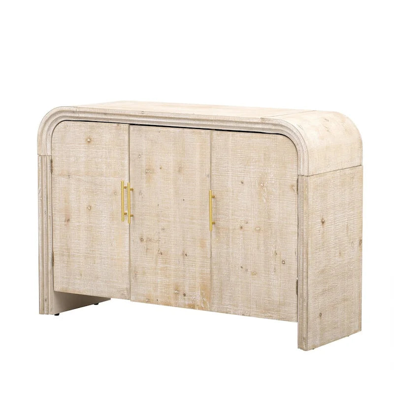 Credenza in impiallacciatura di legno curvato con maniglie dorate e ripiani regolabili
