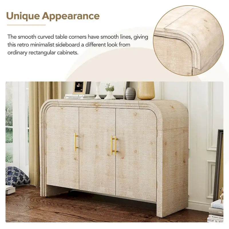 Credenza in impiallacciatura di legno curvato con maniglie dorate e ripiani regolabili