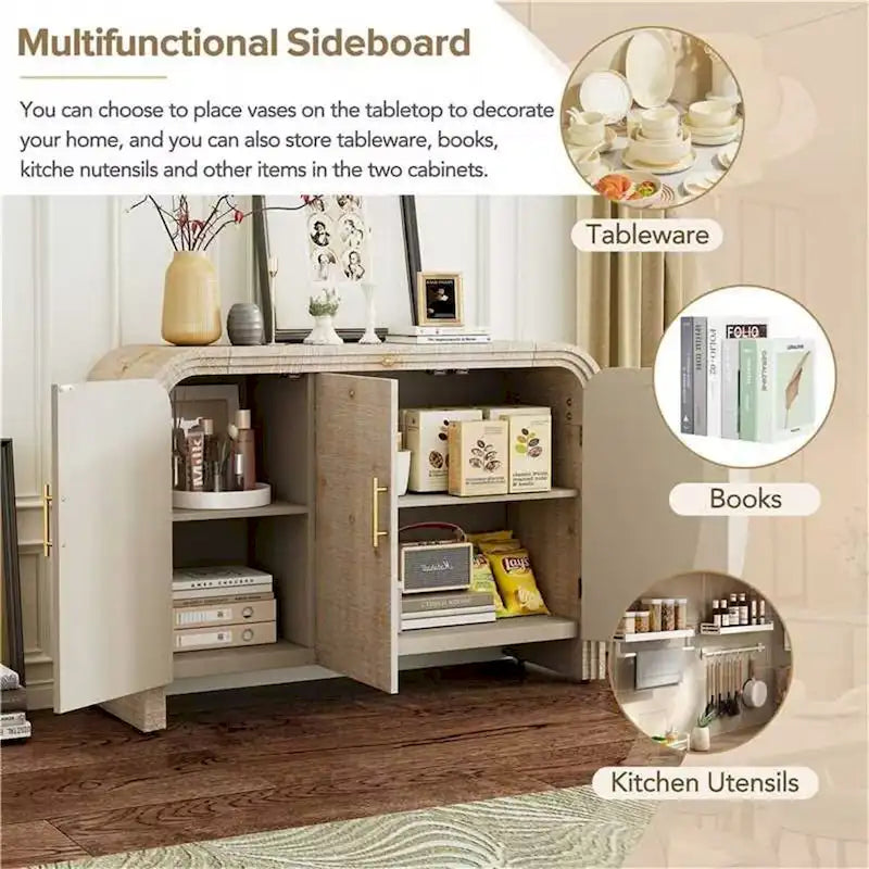 Credenza in impiallacciatura di legno curvato con maniglie dorate e ripiani regolabili