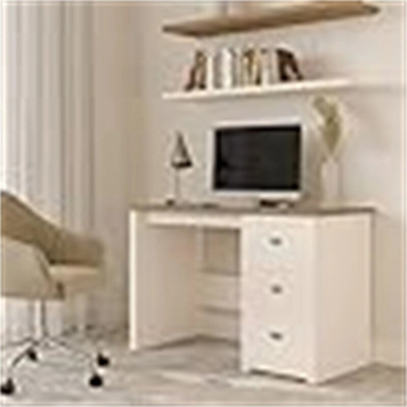 Bureau traditionnel pour bureau à domicile avec 3 tiroirs, finition blanche et bois