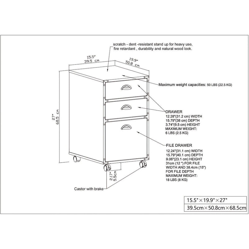 Walnut 3-Drawer Mobile File Cabinet
