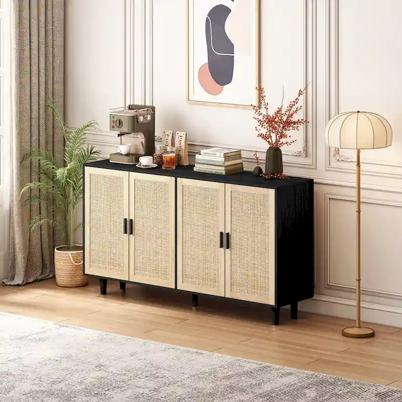 Armario negro de almacenamiento con 4 puertas decorativas de ratán