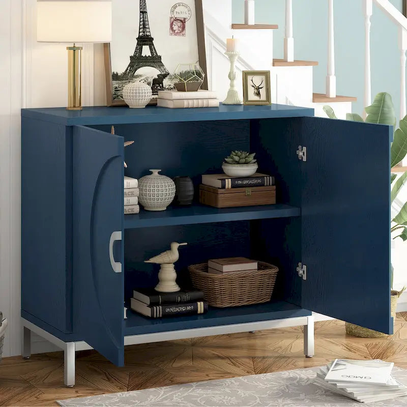 Wood Veneer Storage Cabinet with Adjustable Shelves and Metal Legs