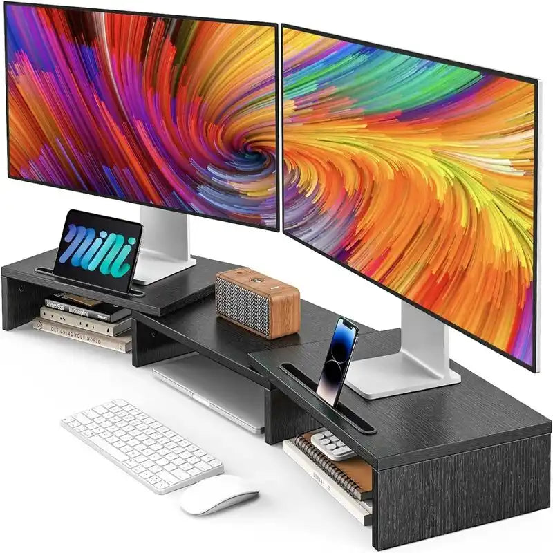 Soporte ajustable para dos monitores con almacenamiento
