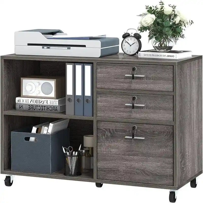Archivador móvil de 3 cajones con estantes abiertos - 35W x 15.6D x 25.6H