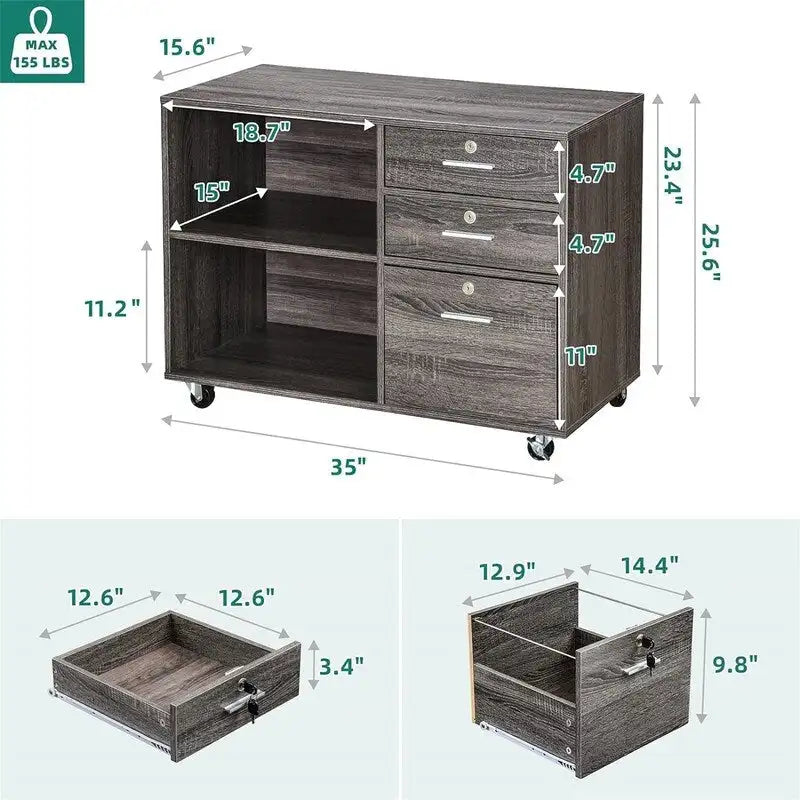 Archivador móvil de 3 cajones con estantes abiertos - 35W x 15.6D x 25.6H