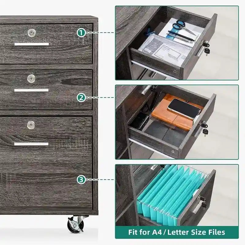 Archivador móvil de 3 cajones con estantes abiertos - 35W x 15.6D x 25.6H