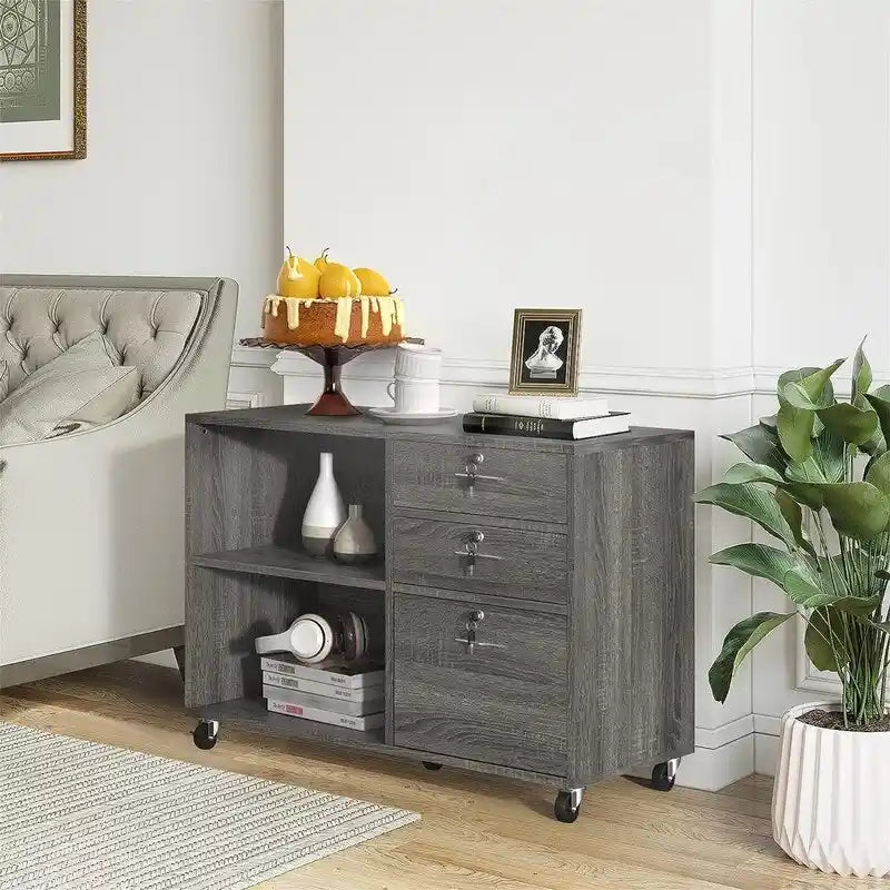 Archivador móvil de 3 cajones con estantes abiertos - 35W x 15.6D x 25.6H