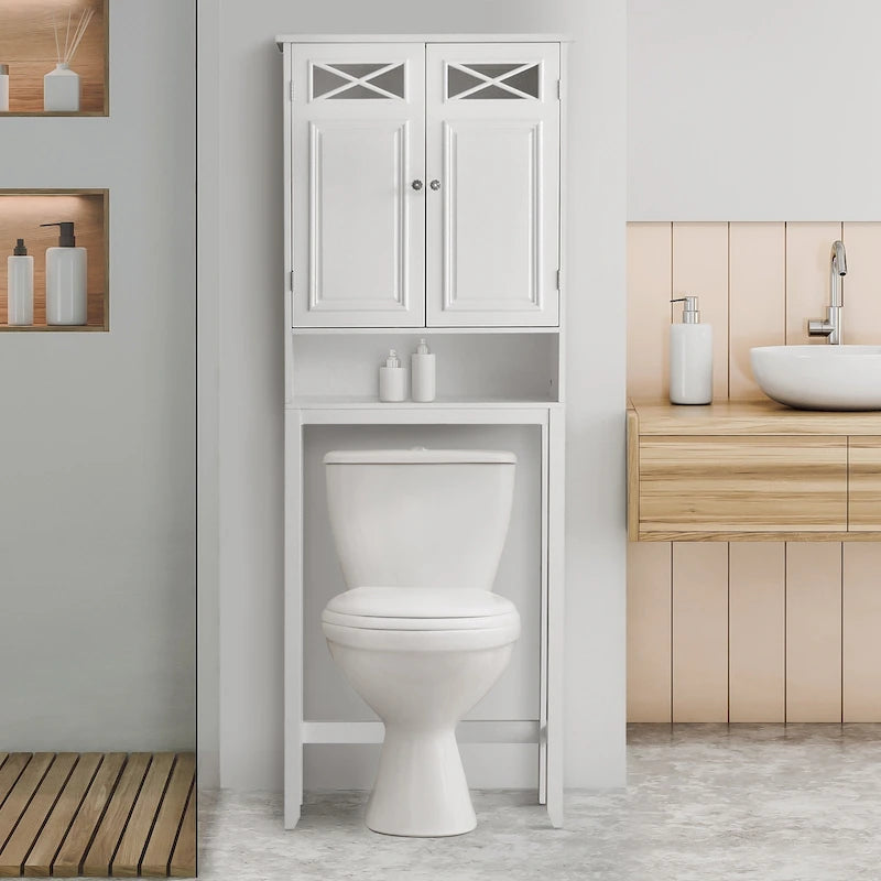 White Over-the-Toilet Storage Cabinet with Glass Doors