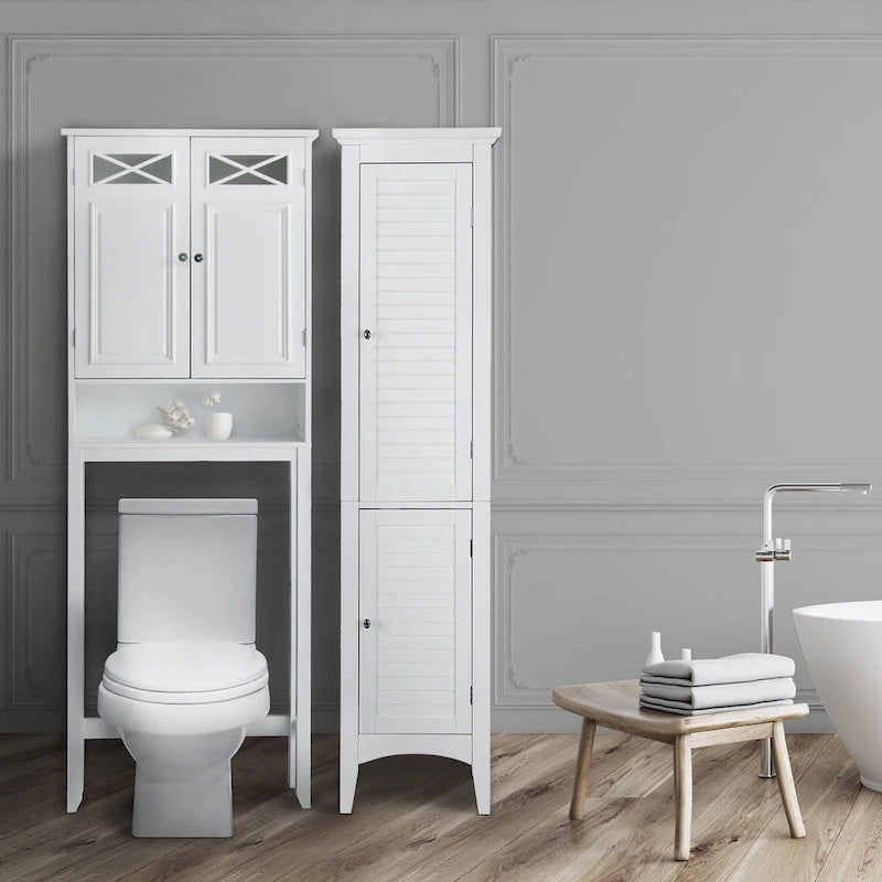 White Over-the-Toilet Storage Cabinet with Glass Doors