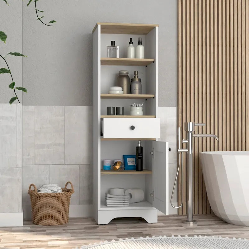 Wäscheschrank in Hellgrau mit Schublade, Tür und Ablagen
