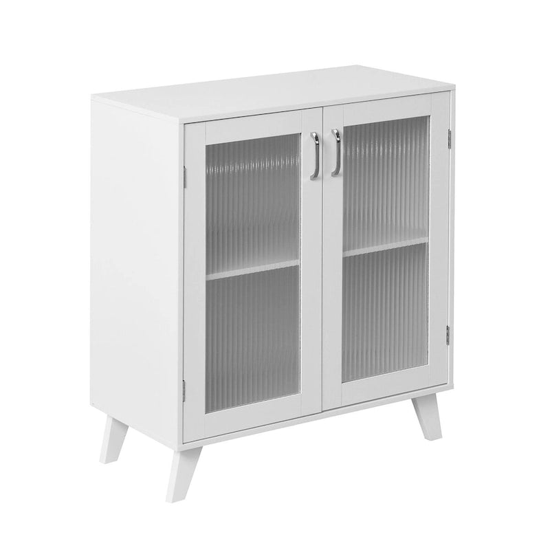 Meuble de rangement blanc avec 2 portes vitrées et pieds en bois