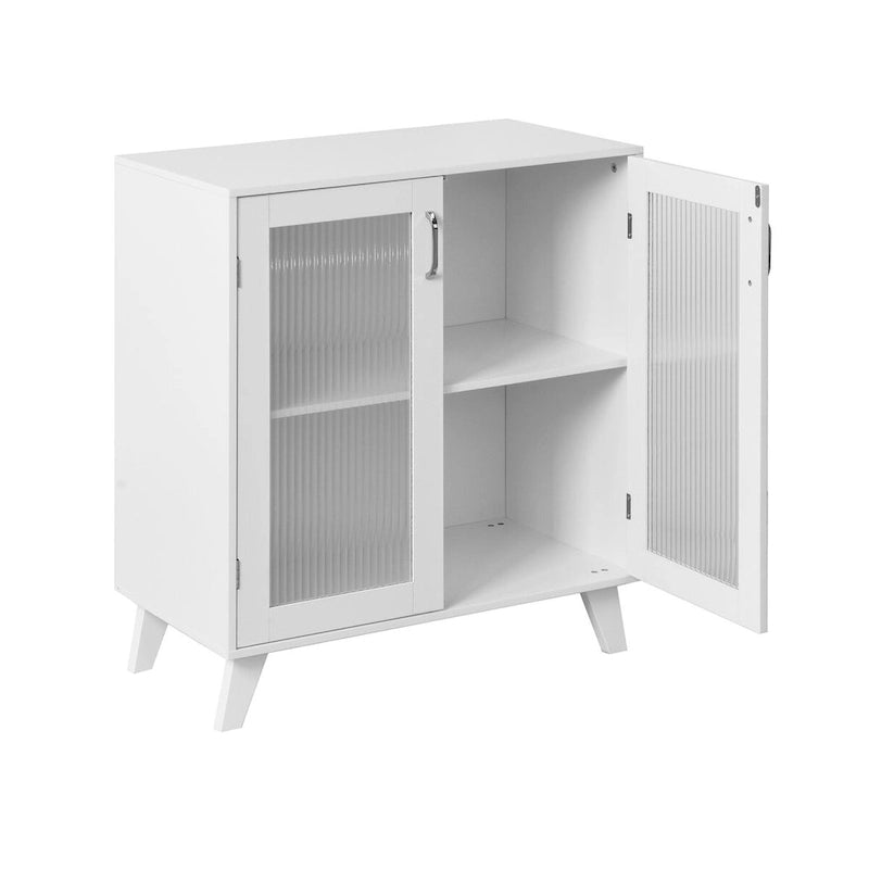 Meuble de rangement blanc avec 2 portes vitrées et pieds en bois