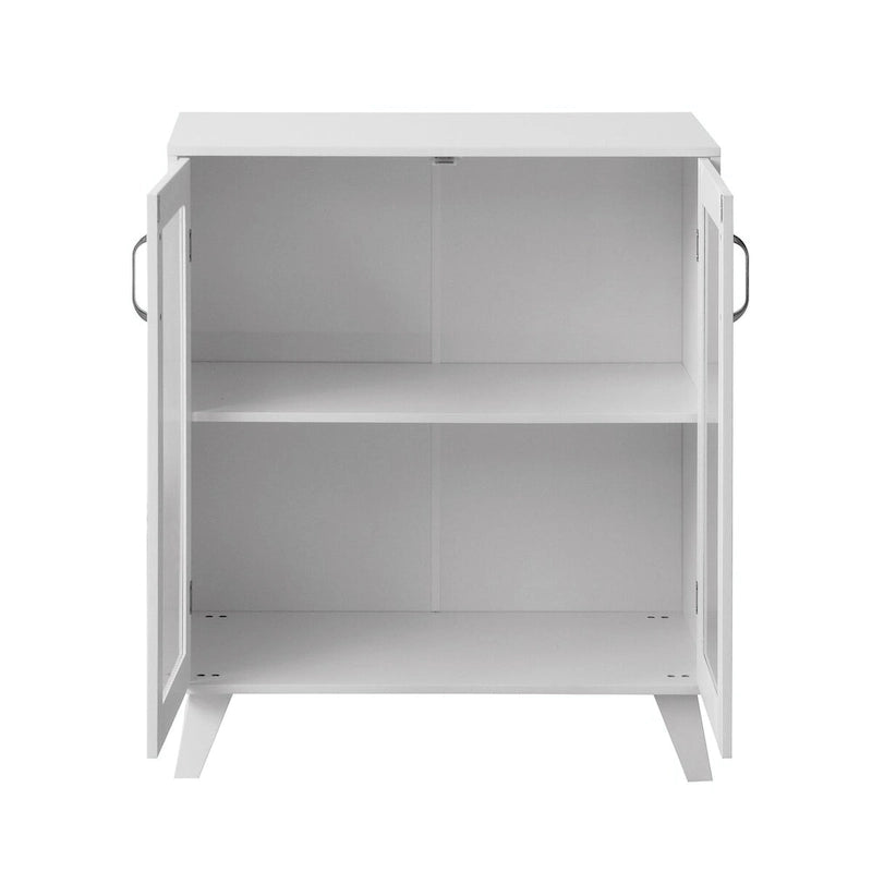 Meuble de rangement blanc avec 2 portes vitrées et pieds en bois