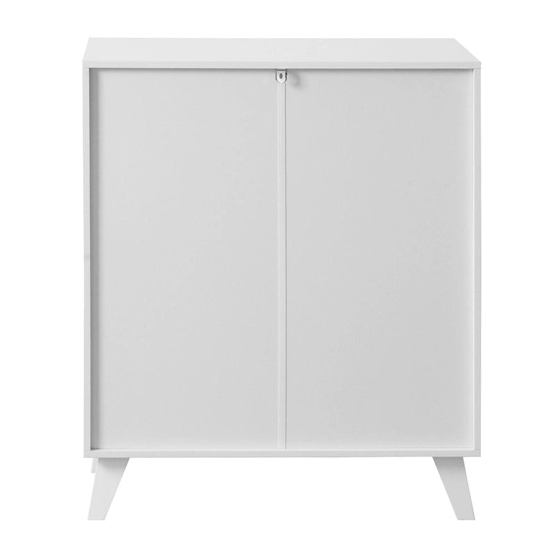 Meuble de rangement blanc avec 2 portes vitrées et pieds en bois