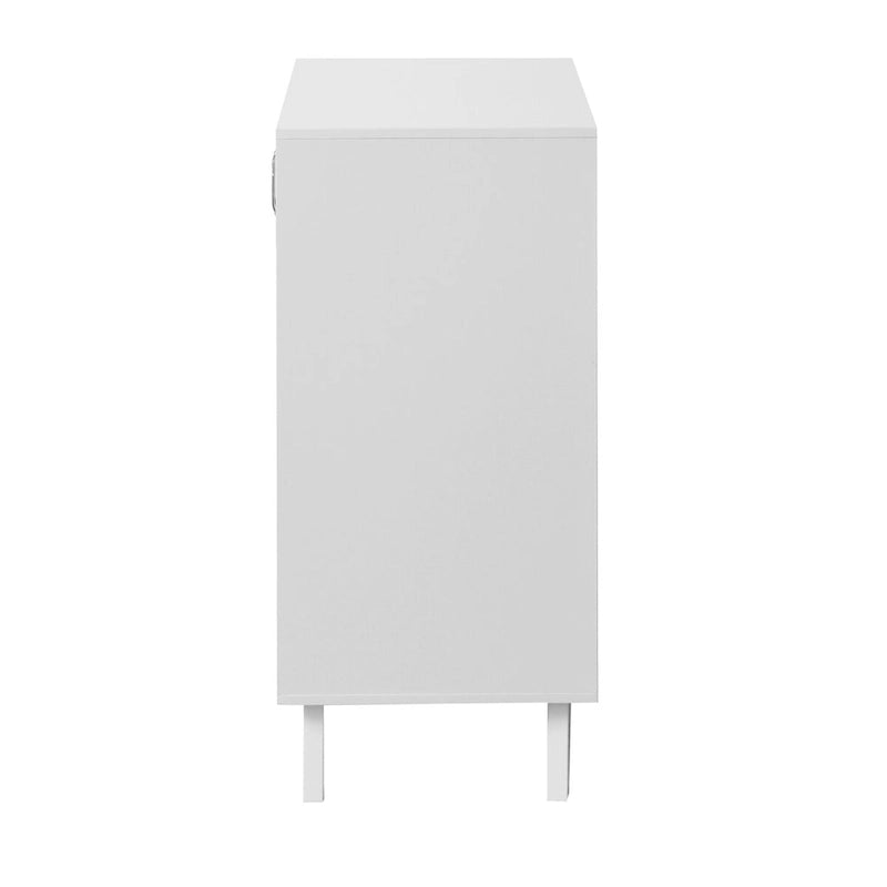 Meuble de rangement blanc avec 2 portes vitrées et pieds en bois