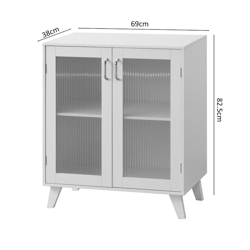 Meuble de rangement blanc avec 2 portes vitrées et pieds en bois
