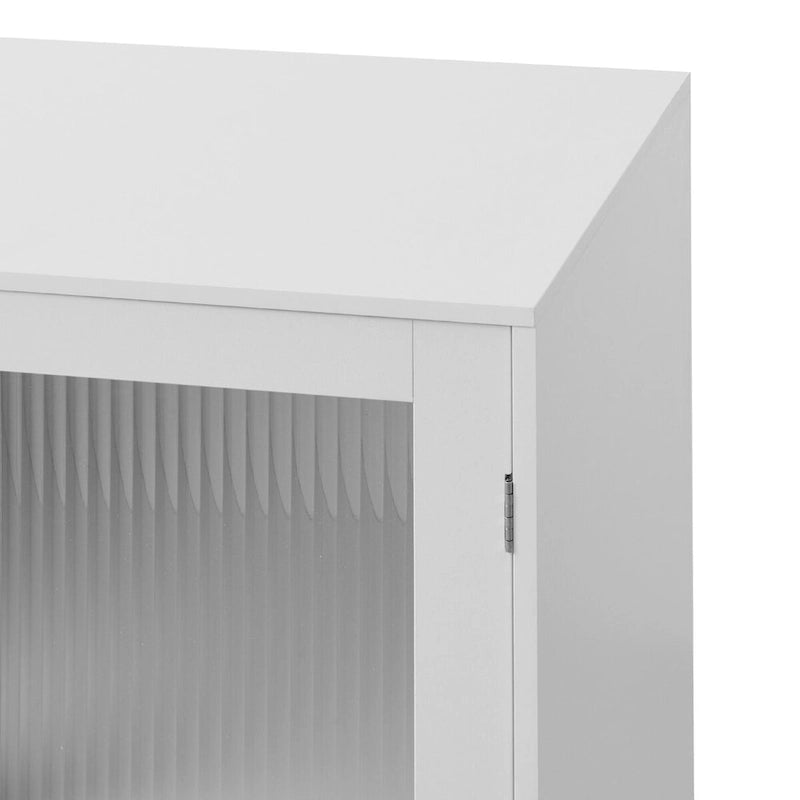 Meuble de rangement blanc avec 2 portes vitrées et pieds en bois