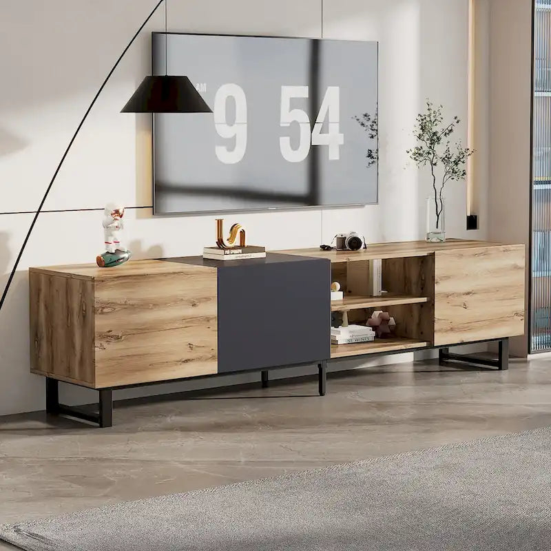 TV with 3 Cabinets& Open Shelves,Color-matching Media Console Table for TVs up to 80,Entertainment Center with Drop Down Door