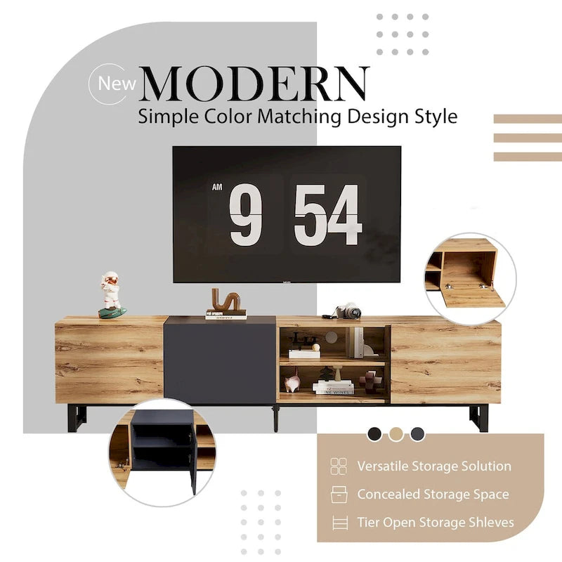 Mueble de TV en tonos de madera y gris oscuro con armarios y estantes abiertos