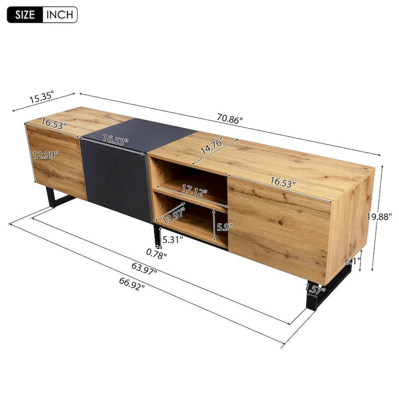 Mueble de TV en tonos de madera y gris oscuro con armarios y estantes abiertos