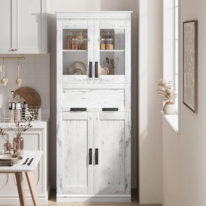 Meuble de rangement blanc haut avec portes vitrées, tiroir et étagères réglables