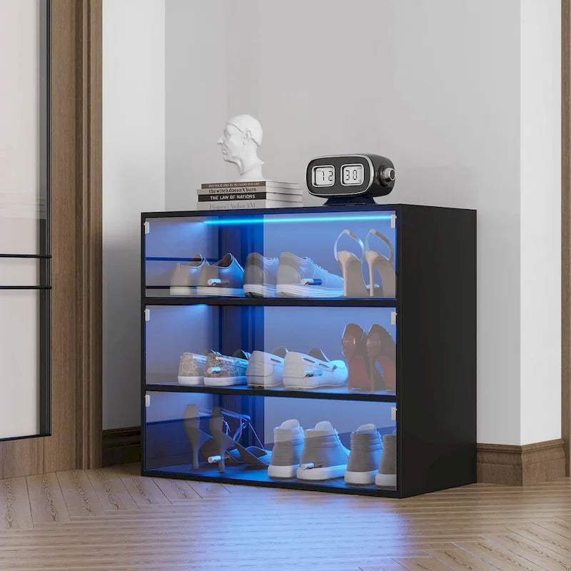 Armario negro para almacenamiento de zapatos con puerta de vidrio e iluminación LED RGB